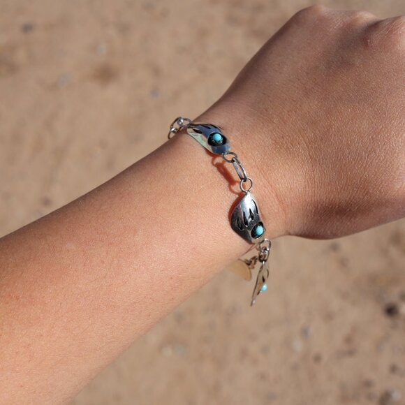 Navajo Sterling Silver Link Bracelet Shadow Box Turquoise Jewelry Sz 8.75in. ** - Picture 7 of 12